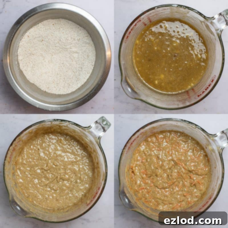 Spiced Vegan Carrot Banana Loaf 2 Step-by-step image showing the process of mixing the wet and dry ingredients to form the batter for vegan carrot banana bread.