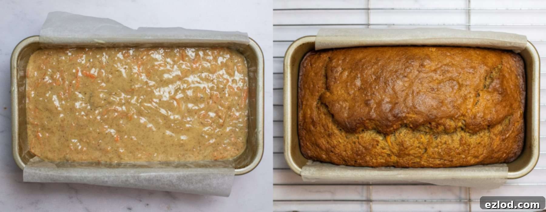 Spiced Vegan Carrot Banana Loaf 3 Step-by-step image showing the vegan carrot banana bread baking in a loaf tin, golden brown and rising beautifully.