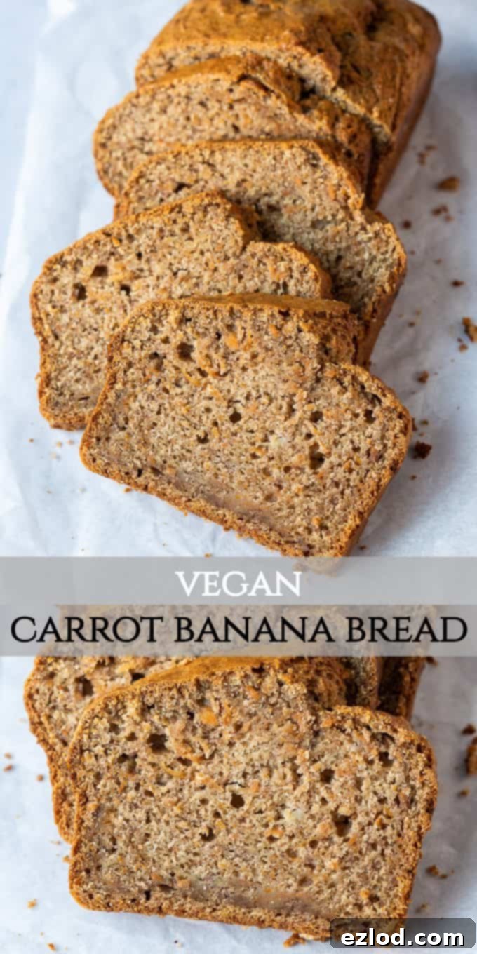 Vegan Carrot Banana Bread - Easy, Moist, Eggless, Dairy-Free Loaf Cake Pinterest image: Vegan Carrot Banana Bread - Super moist, easy, eggless, dairy-free loaf cake. Perfect healthy snack or breakfast. Features sliced banana bread with carrots.