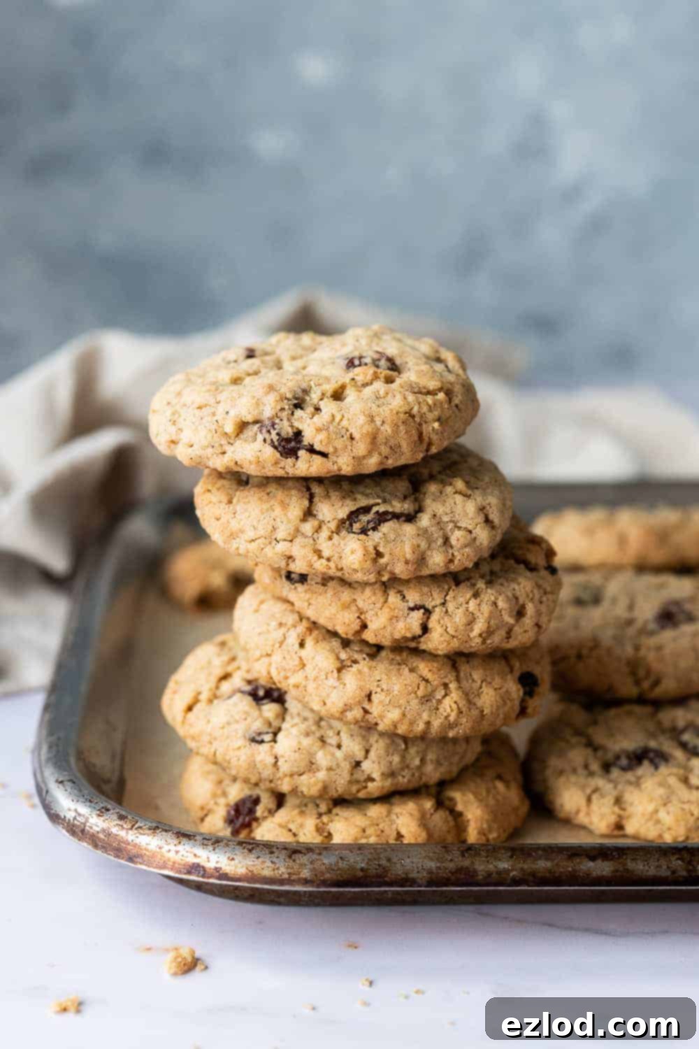 Vegan Oatmeal Raisin Cookies - these delicious egg and dairy-free cookies are crispy on the outside and soft and chewy in the middle. They are quick and easy to make and perfect for snacking on. #vegancookies #veganbaking #oatmealraisin #eggless #dairyfree A stack of perfectly baked vegan oatmeal raisin cookies on a rustic metal tray, showcasing their crispy edges and soft centers. Ideal for dairy-free snacking and vegan baking.