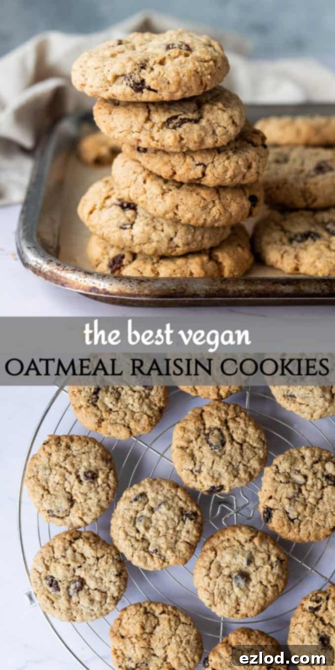 Vegan Oatmeal Raisin Cookies - these delicious egg and dairy-free cookies are crispy on the outside and soft and chewy in the middle. They are quick and easy to make and perfect for snacking on. #vegancookies #veganbaking #oatmealraisin #eggless #dairyfree Pinterest image for Vegan Oatmeal Raisin Cookies, showcasing a stack of perfectly baked, dairy-free and eggless cookies, emphasizing their crispy yet chewy texture. Ideal for vegan baking enthusiasts.