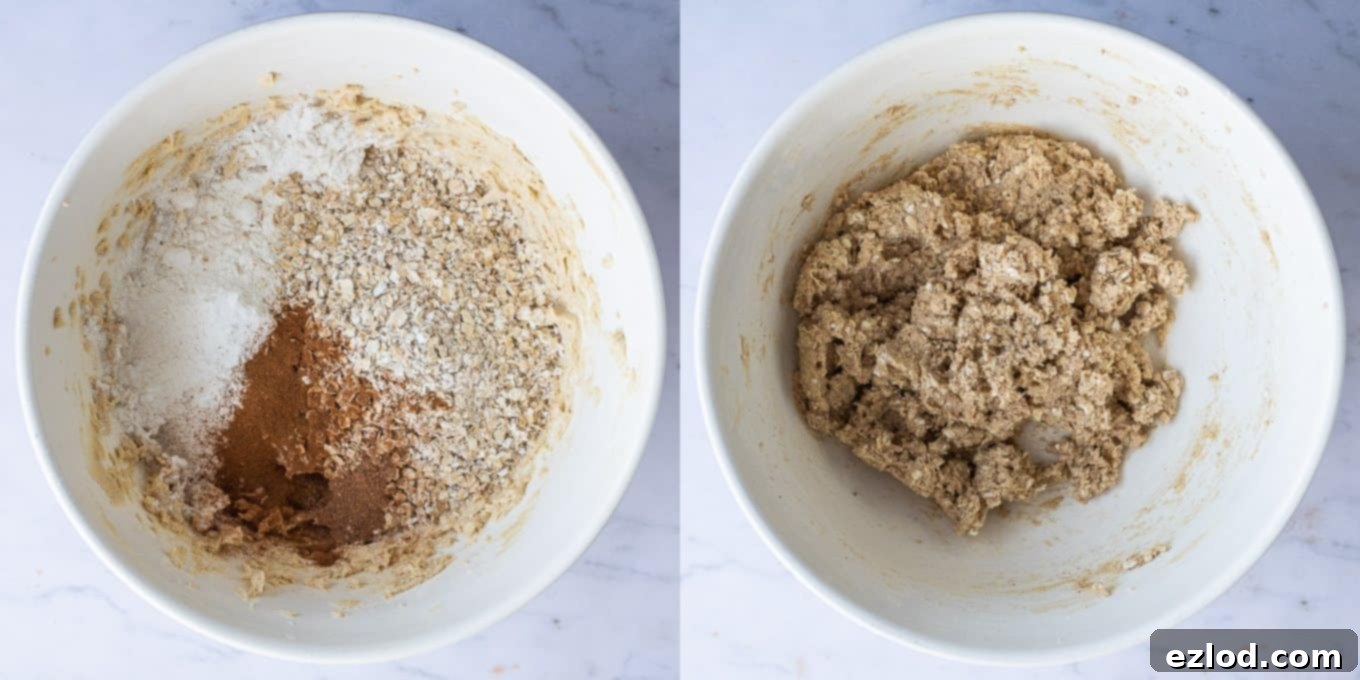 Chewy Vegan Oatmeal Raisin Cookies 3 Step 2: Adding self-raising flour, baking powder, ground cinnamon, nutmeg, salt, and porridge oats to the wet mixture, then mixing until just combined for delicious vegan oatmeal raisin cookies.