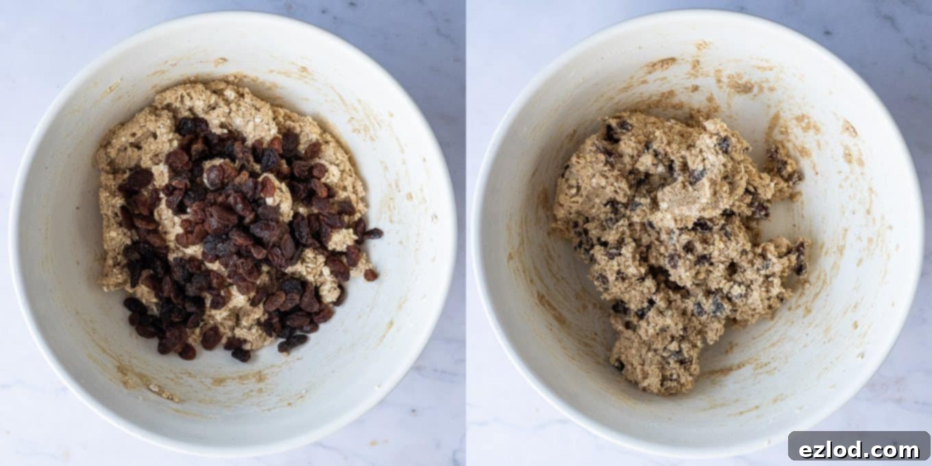 Chewy Vegan Oatmeal Raisin Cookies 4 Step 3: Gently stirring plump raisins through the freshly mixed cookie dough until evenly distributed, preparing them for baking into chewy vegan oatmeal raisin cookies.