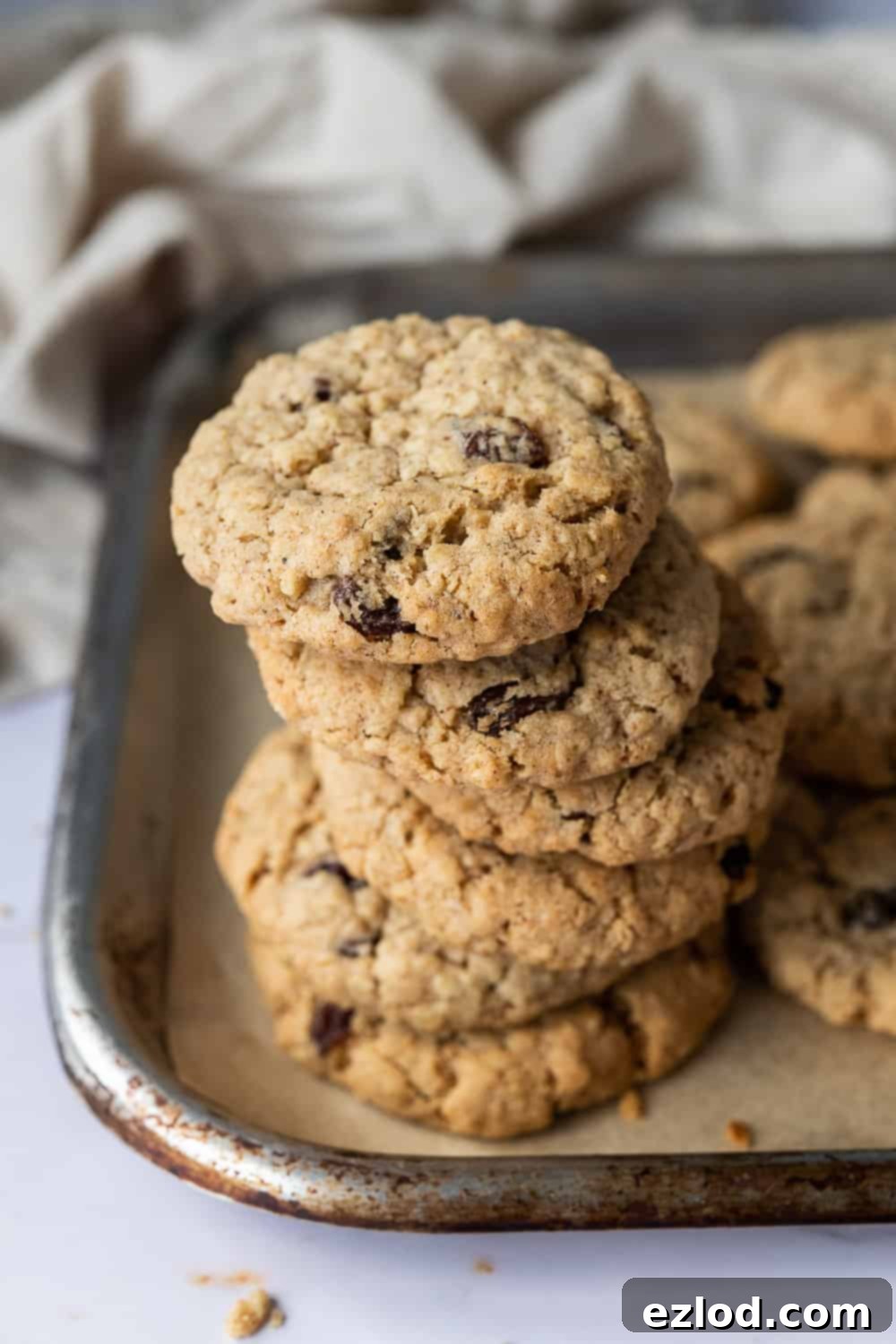 Vegan Oatmeal Raisin Cookies - these delicious egg and dairy-free cookies are crispy on the outside and soft and chewy in the middle. They are quick and easy to make and perfect for snacking on. #vegancookies #veganbaking #oatmealraisin #eggless #dairyfree Close-up of a perfectly stacked pile of freshly baked vegan oatmeal raisin cookies, highlighting their soft texture and golden-brown perfection. An ideal eggless and dairy-free treat.