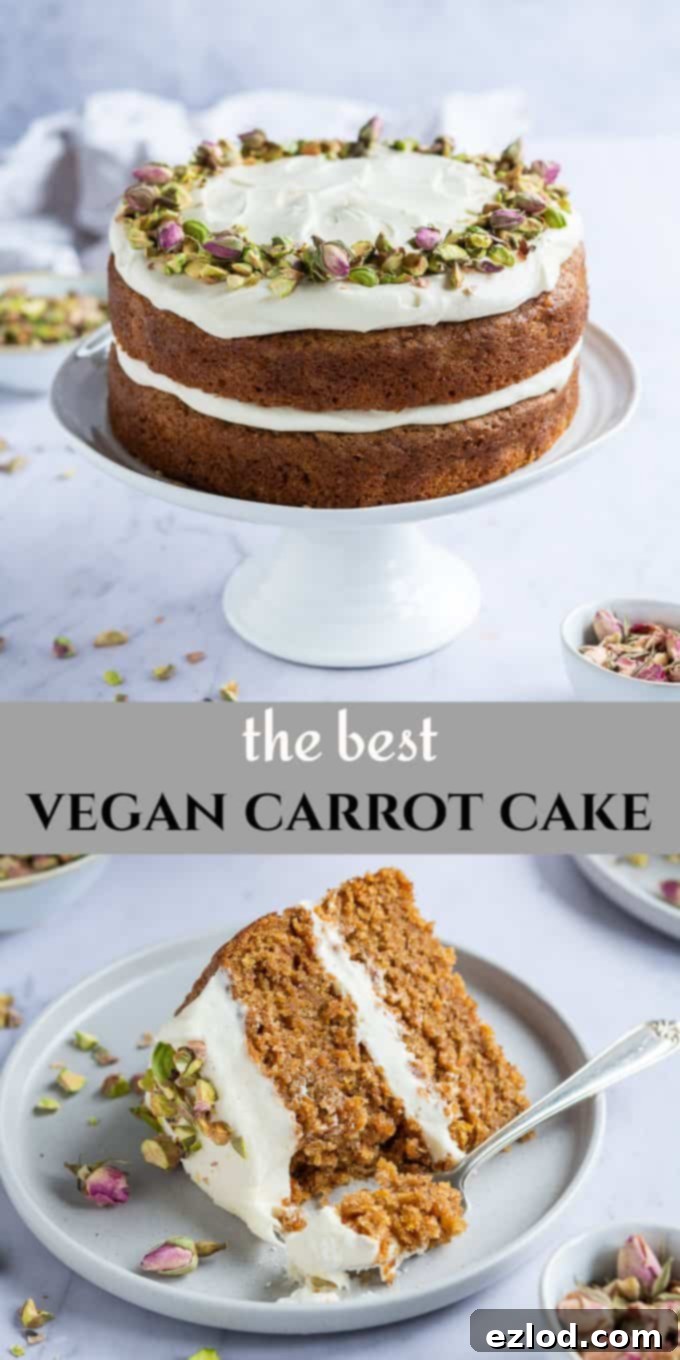 Spiced Vegan Carrot Cake with Tangy Cream Cheese 7 Pinterest optimized image for vegan carrot cake recipe, showing a slice on a plate.