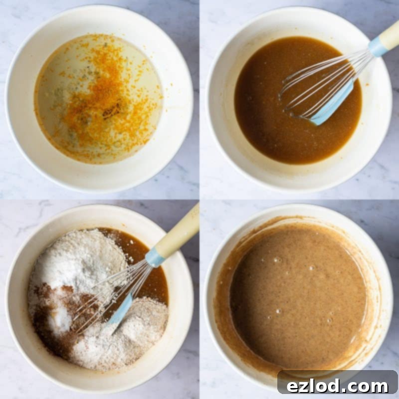 Spiced Vegan Carrot Cake with Tangy Cream Cheese 2 Step-by-step image illustrating the initial stage of making vegan carrot cake batter, showing wet and dry ingredients being combined.