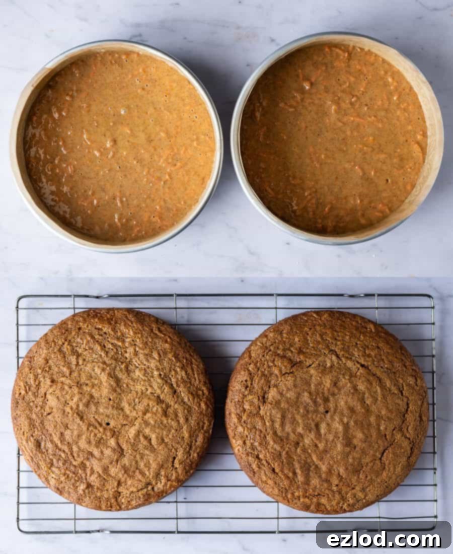 Spiced Vegan Carrot Cake with Tangy Cream Cheese 4 Step-by-step image depicting two round vegan carrot cakes baking in the oven, with a golden-brown finish.