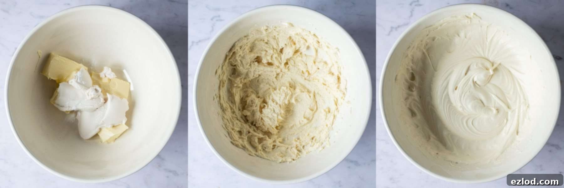 Spiced Vegan Carrot Cake with Tangy Cream Cheese 5 Step-by-step image demonstrating the process of making creamy vegan cream cheese frosting in a mixing bowl.
