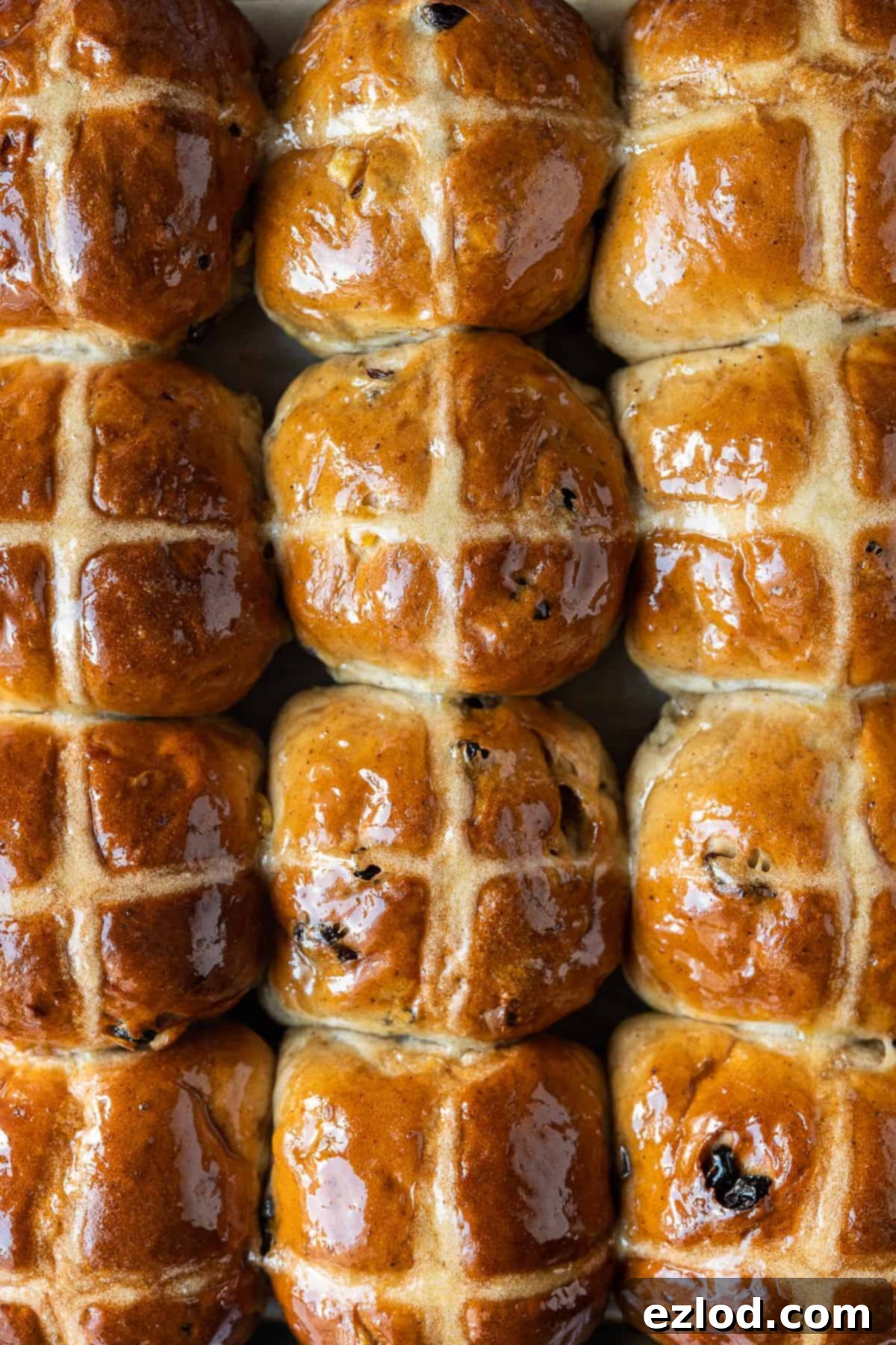 Delicious Vegan Hot Cross Buns - Soft, Fluffy, Eggless & Dairy-Free Easter Treat. Perfect for toasting and buttering. #veganbaking #easter #easterrecipes #veganbread #veganrolls Close up of perfectly baked vegan hot cross buns on a cooling rack, highlighting their golden brown exterior and flour crosses. These eggless and dairy-free versions of the classic British Easter treat are soft, fluffy, and full of flavour. Ideal for #veganbaking #easter #easterrecipes #veganbread #veganrolls