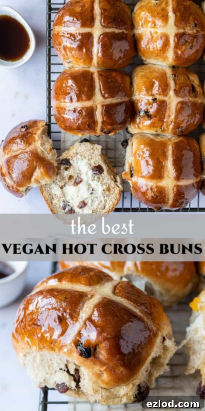 Pin This Recipe: Vegan Hot Cross Buns - Eggless & Dairy-Free for Easter. #veganbaking #easter #easterrecipes #veganbread #veganrolls Pinterest image: A spread of golden vegan hot cross buns, highlighting the deliciousness of this eggless and dairy-free Easter treat. Perfect for sharing on social media.
