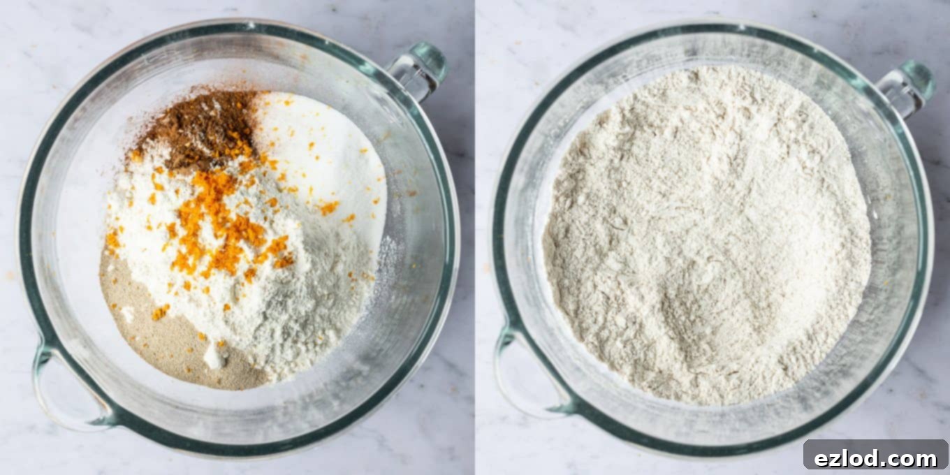 Sweet Spiced Vegan Buns 2 Step 1: Mixing the dry ingredients for vegan hot cross buns in a stand mixer bowl, showing flour, sugar, spices, and yeast separated. Essential for perfect eggless and dairy-free Easter buns.