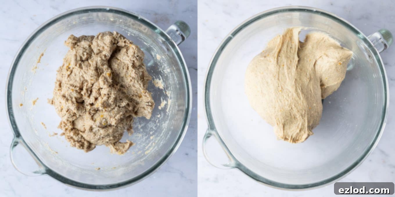 Sweet Spiced Vegan Buns 4 Step 3: Kneading the sticky vegan hot cross bun dough in a stand mixer with a dough hook. This process develops the gluten for soft and fluffy dairy-free buns.