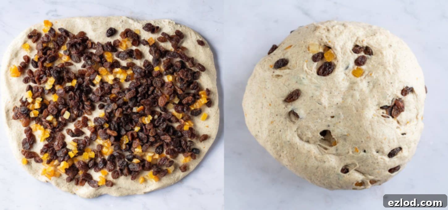 Sweet Spiced Vegan Buns 6 Step 5: Mixing sultanas and candied mixed peel into the risen vegan hot cross bun dough. Distributing fruit evenly is key for flavorful dairy-free Easter buns.