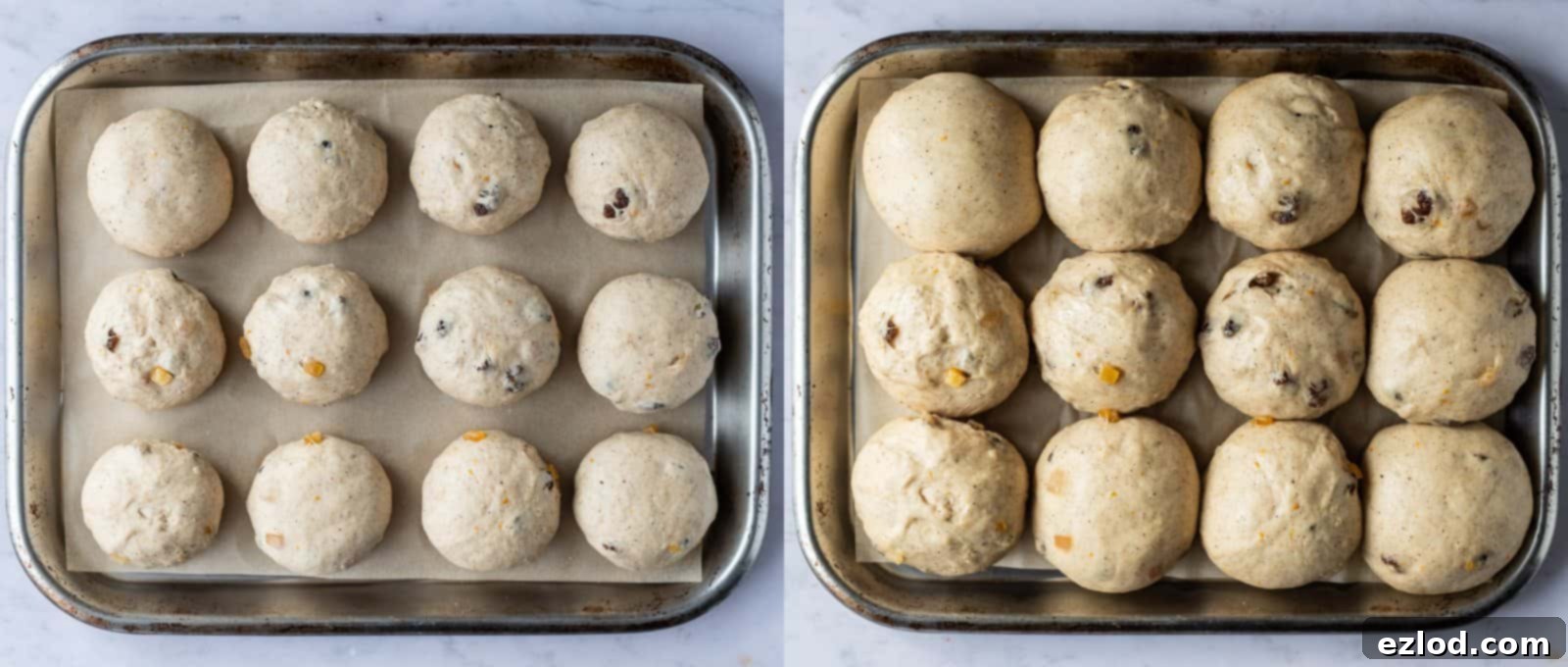 Sweet Spiced Vegan Buns 7 Step 6: Shaped vegan hot cross buns arranged on a baking sheet for their second rise, or proofing. Essential for light and airy dairy-free Easter treats.