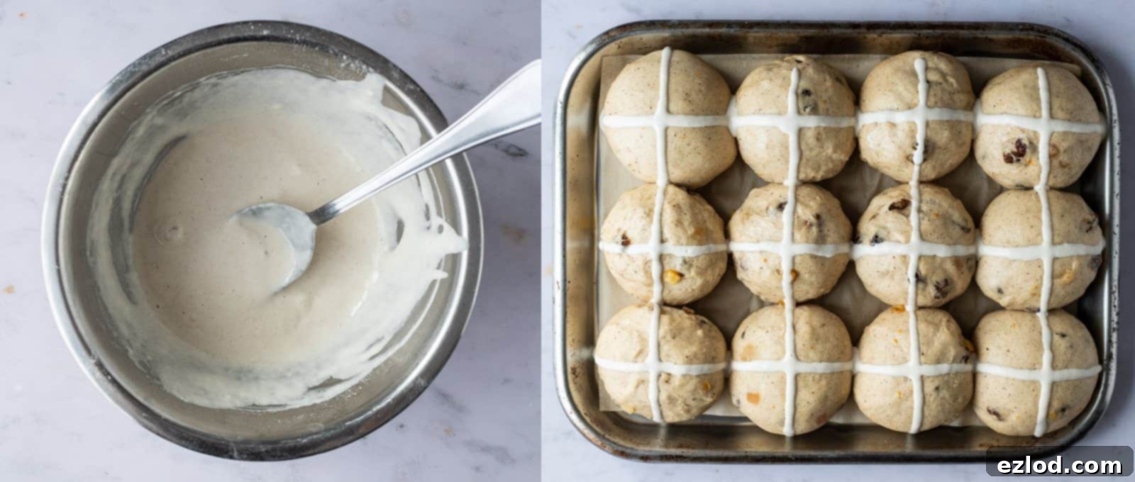 Sweet Spiced Vegan Buns 8 Step 7: Piping the traditional flour paste crosses onto risen vegan hot cross buns before baking. A classic touch for these dairy-free Easter treats.