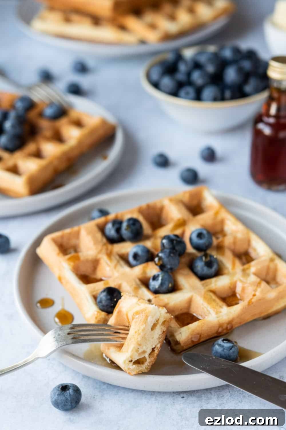 Vegan waffles - these amazing vegan waffles are crispy on the outside and soft and fluffy on the inside; the ultimate vegan breakast! Eggless and dairy free and no banana! Includes options for making them with or without aquafaba. #veganbreakfast #veganwaffles #brunch #breakfast A single perfectly cooked vegan waffle on a grey plate, with a fork removing a fluffy bite, showcasing its light texture.