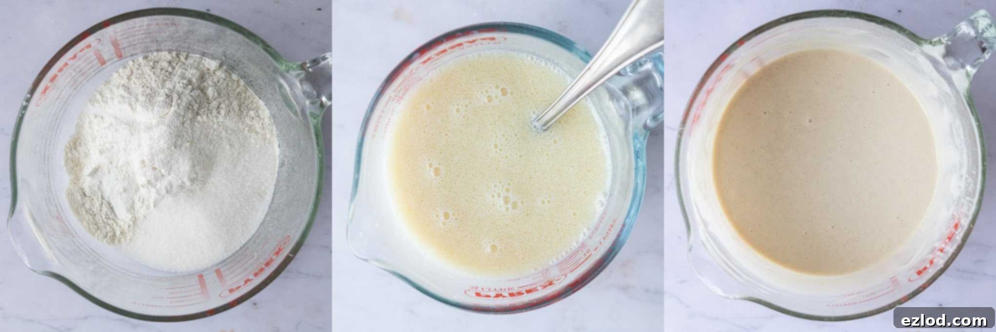 Plant-Powered Waffle Perfection 2 Step-by-step image showing the process of making vegan waffle batter by whisking wet and dry ingredients together in a bowl.