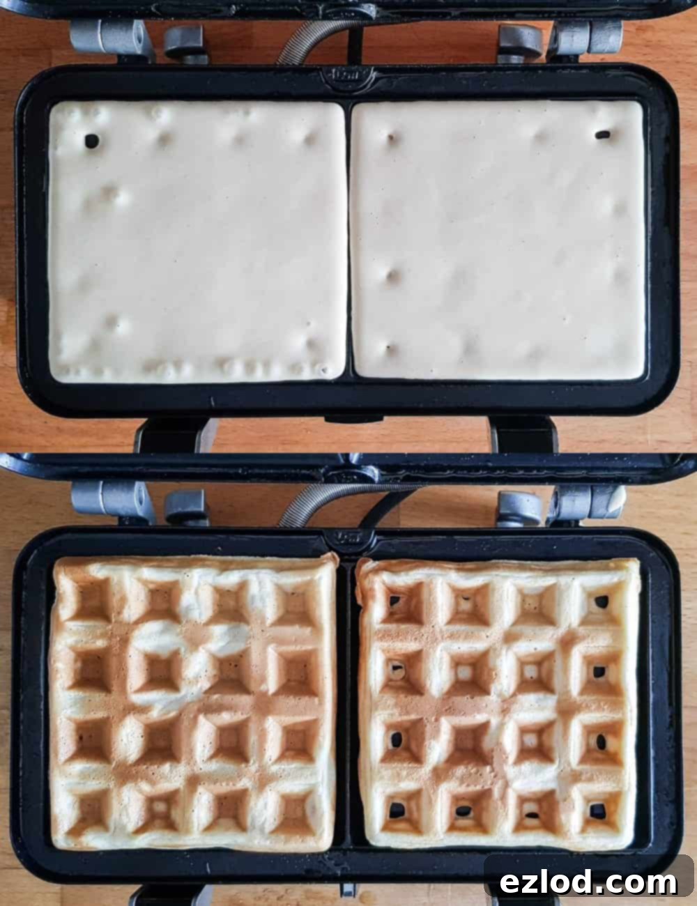 Plant-Powered Waffle Perfection 3 Step-by-step image demonstrating the cooking process, with vegan waffle batter being poured into a hot waffle iron.