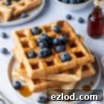 Plant-Powered Waffle Perfection 4 A stack of vegan waffles on a grey plate with blueberries and maple syrup.