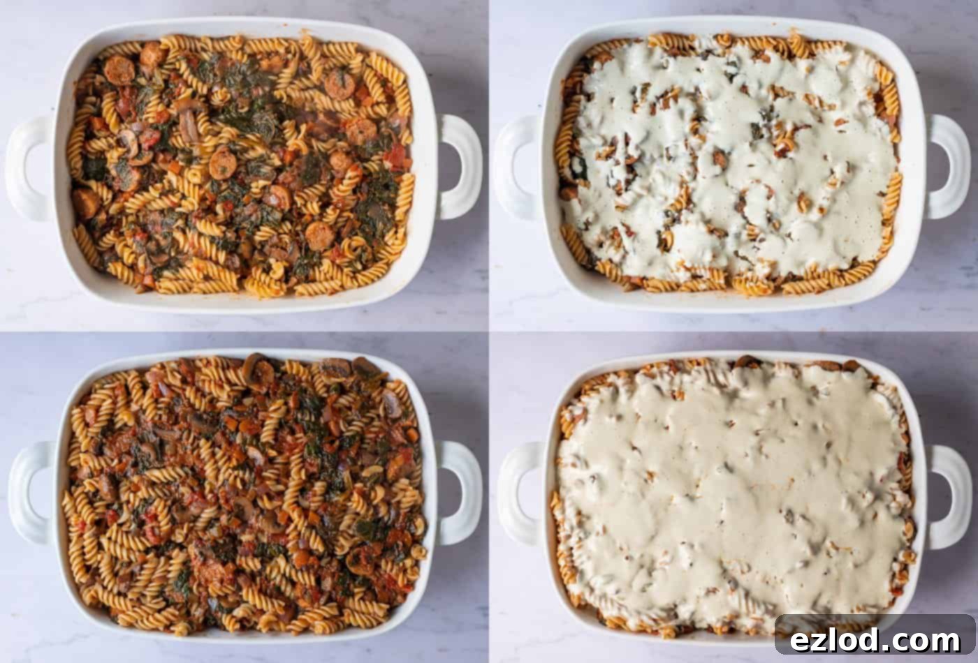 Comforting Vegan Baked Pasta 5 Close-up of a vegan pasta bake being assembled in a white lasagne dish, with layers of pasta and sauce.
