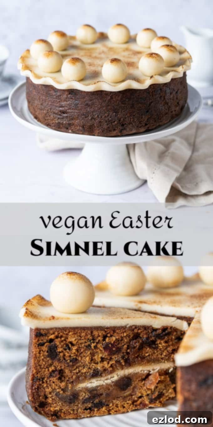 Pin This Vegan Simnel Cake Recipe for Easter A perfectly arranged Pinterest-friendly image featuring a slice of vegan Simnel cake, highlighting its marzipan layer and fruit-filled texture, designed for sharing delicious plant-based Easter baking inspiration.