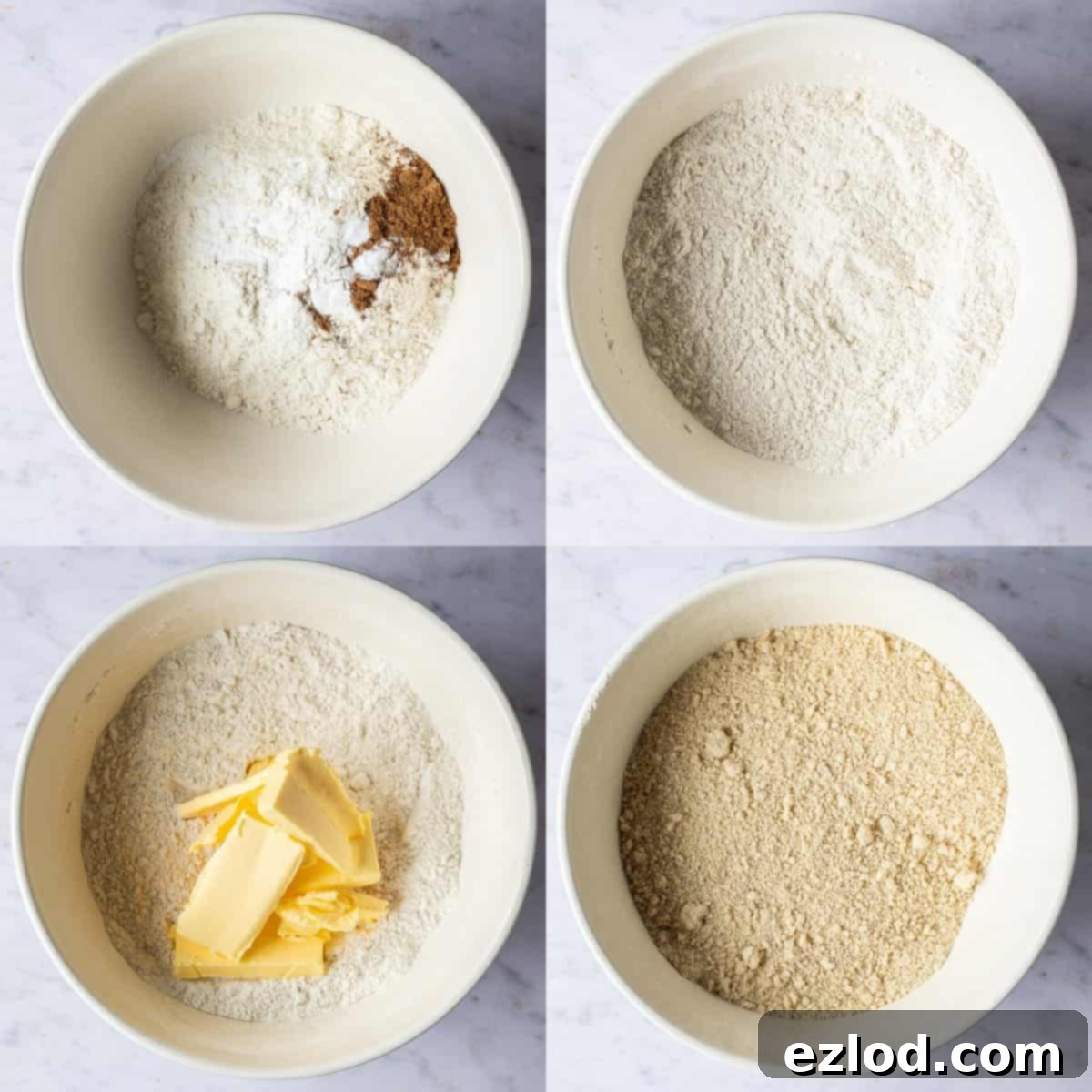 Plant-Powered Simnel 2 Step-by-step image illustrating the initial stages of vegan Simnel cake preparation: dry ingredients are mixed, and cubed vegan butter is being rubbed into the flour mixture by hand until it resembles fine breadcrumbs.
