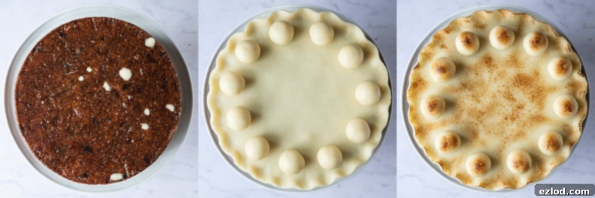 Plant-Powered Simnel 5 Step-by-step image demonstrating the final decorative stages of a vegan Simnel cake: applying the marzipan disc, crimping its edges, arranging eleven marzipan balls, and finally toasting the marzipan with a blowtorch for a golden finish.