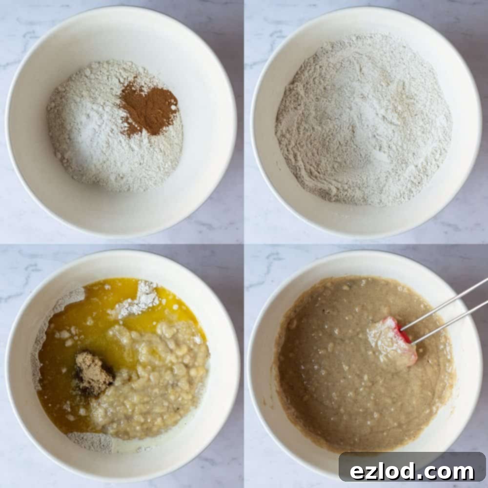 Simply Delicious Vegan Banana Bread 2 Step-by-step image showing wet and dry ingredients combined to form the vegan banana bread batter in a mixing bowl.