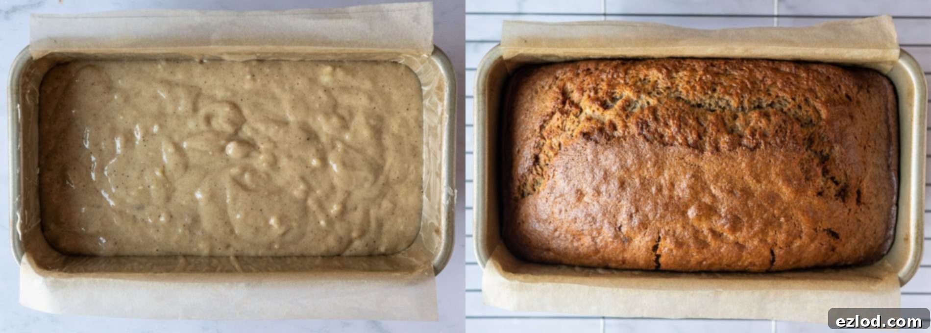 Simply Delicious Vegan Banana Bread 3 A golden-brown vegan banana bread loaf baking in a loaf tin in the oven, showing the beautiful rise and crust formation.