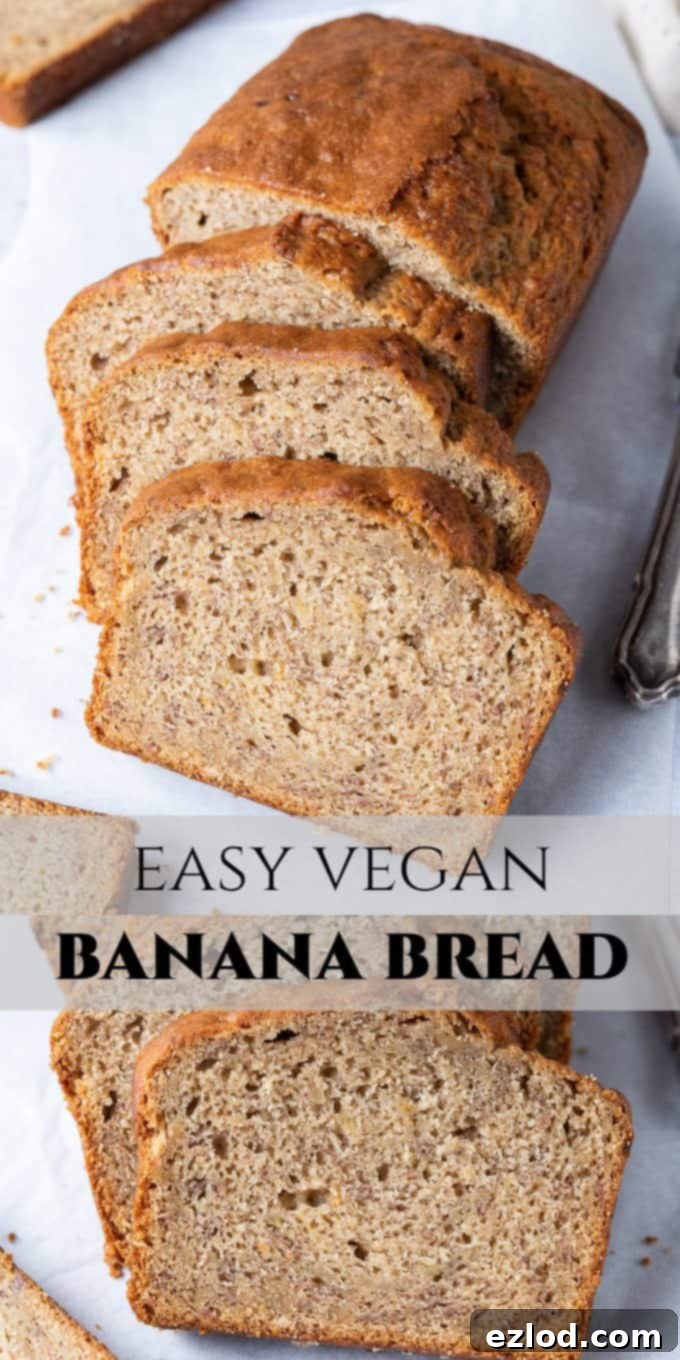 Pin This Recipe: Best Easy Vegan Banana Bread - Moist, Eggless & Dairy-Free Pinterest image for Easy Vegan Banana Bread, featuring a delicious slice with keywords like 'moist,' 'eggless,' and 'dairy-free'.