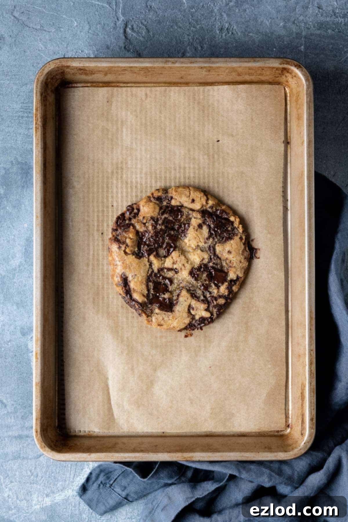 Single Serve Vegan Chocolate Chip Cookie - Easy Small Batch Recipe One giant vegan chocolate chip cookie on a baking sheet on a a grey background, showcasing its golden edges and melted chocolate chips.