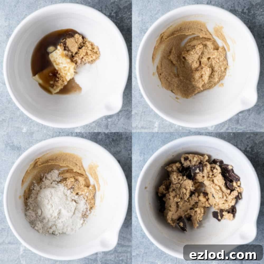 Solo Vegan Chocolate Chip Cookie 2 Step-by-step image showing the cookie dough being mixed in a bowl, illustrating the initial stage of dough formation with dry ingredients added.