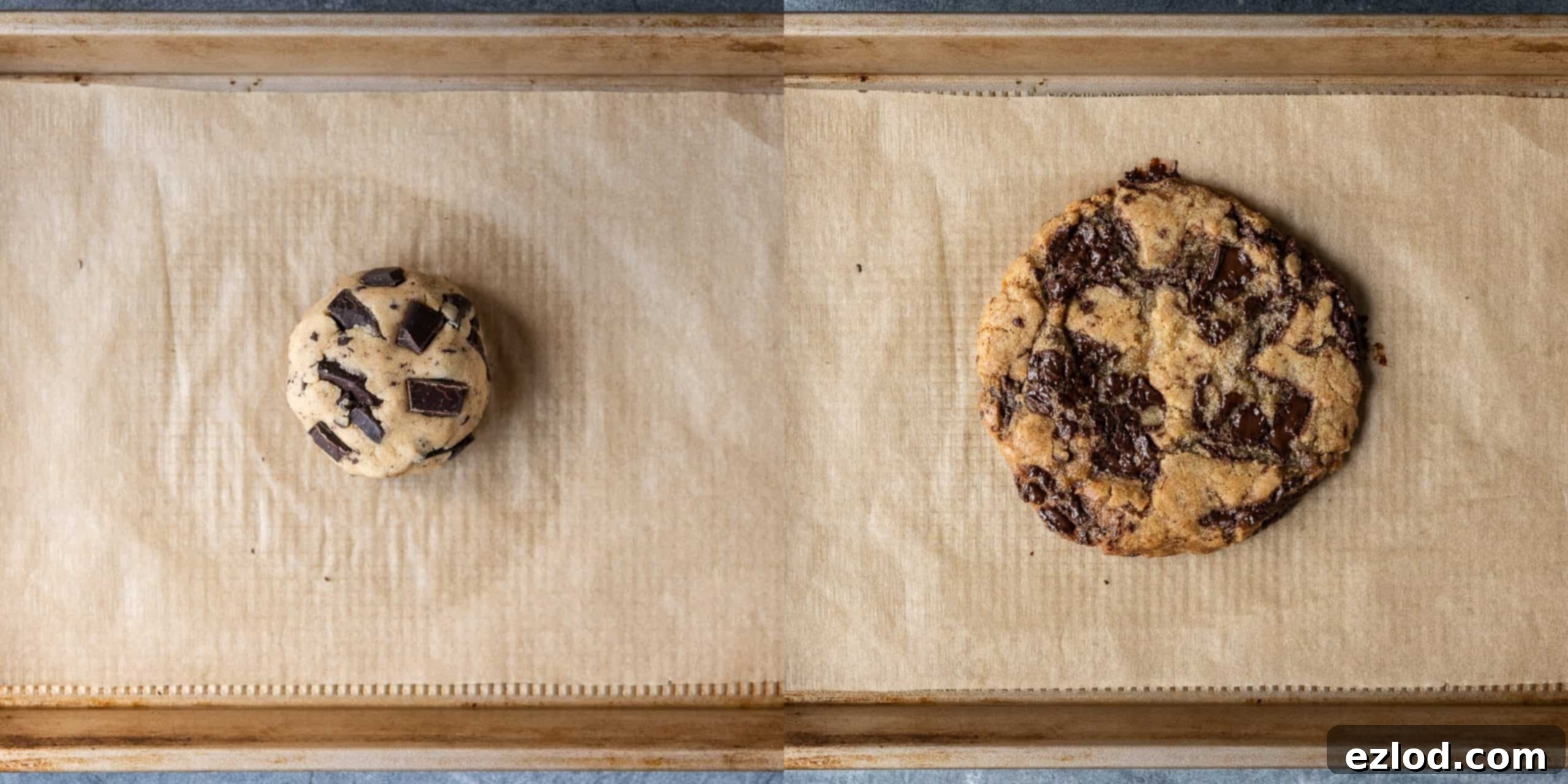 Solo Vegan Chocolate Chip Cookie 3 Step-by-step image showing a large vegan chocolate chip cookie baking in the oven on a tray, turning golden brown and perfectly cooked.