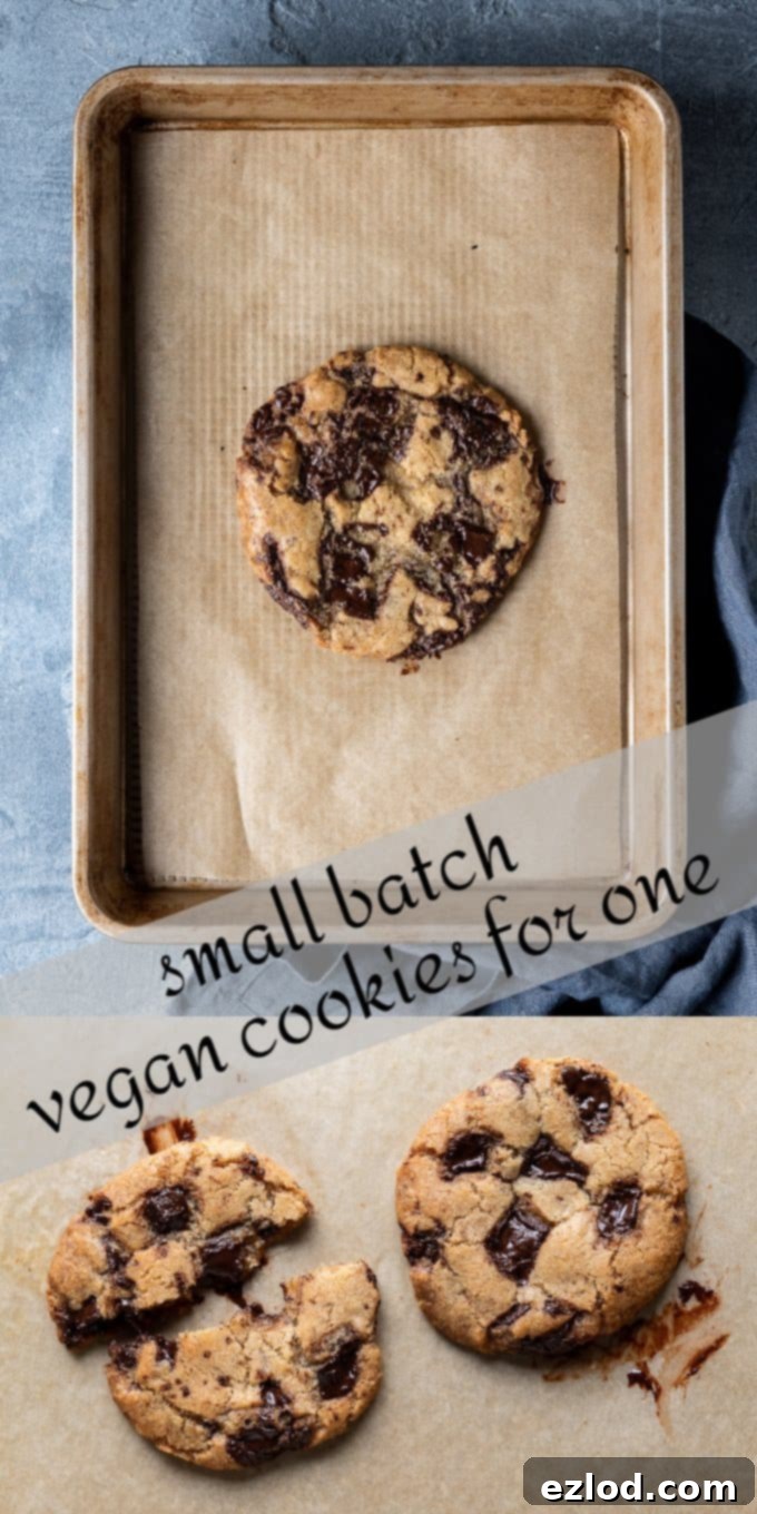 Pin this Small Batch Vegan Chocolate Chip Cookie Recipe! Pinterest image for a vegan chocolate chip cookie recipe for one, showing a golden cookie with melted chocolate.
