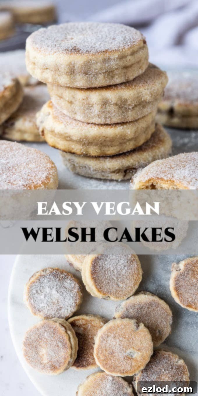 Pin This Easy Vegan Welsh Cakes Recipe for Later! Pinterest image: A stack of vegan Welsh cakes with dried fruit, on a marble background.