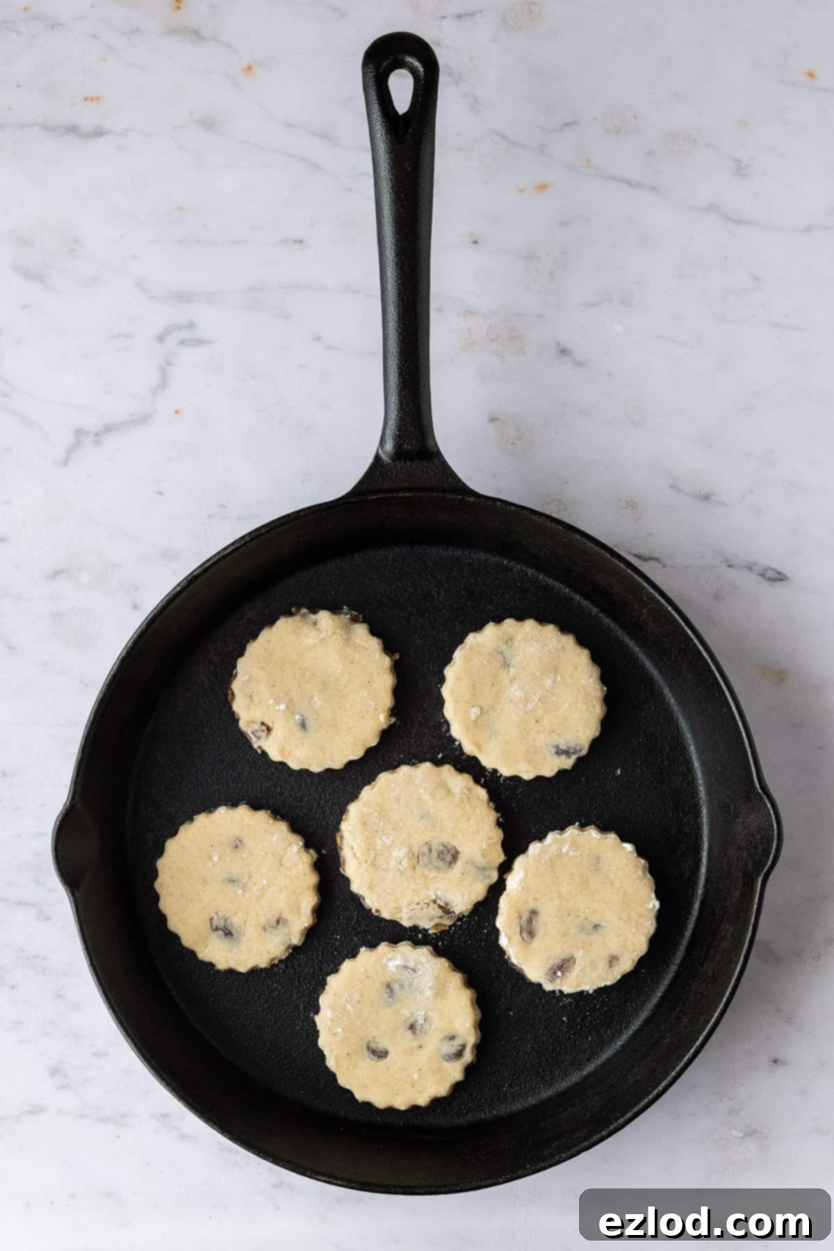 Heavenly Vegan Welsh Cakes 5 Several vegan Welsh cakes cooking on a cast iron griddle, turning golden brown.