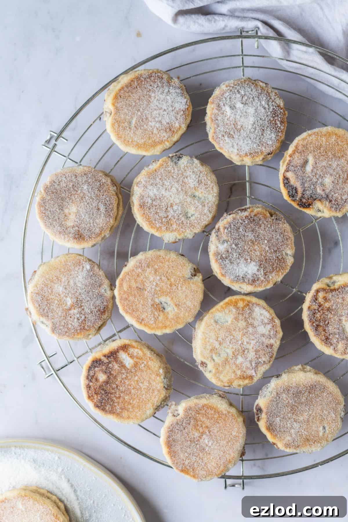 Warm Vegan Welsh Cakes Ready for Serving Freshly cooked vegan Welsh cakes dusted with caster sugar, arranged on a round wire cooling rack.