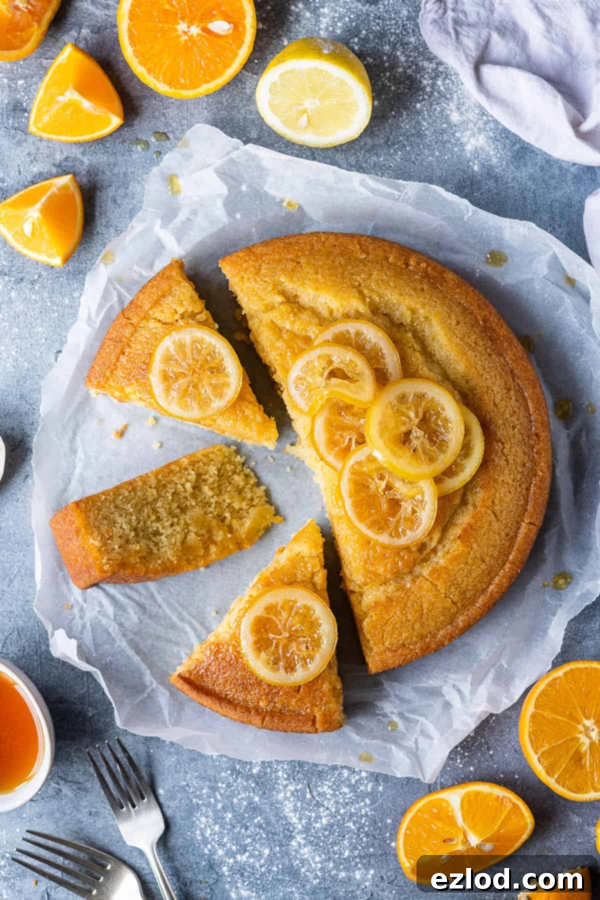 Moist Vegan Semolina Cake: Eggless & Dairy-Free with Citrus Flavor Slices of golden vegan semolina cake on baking parchment, adorned with fresh orange and lemon slices