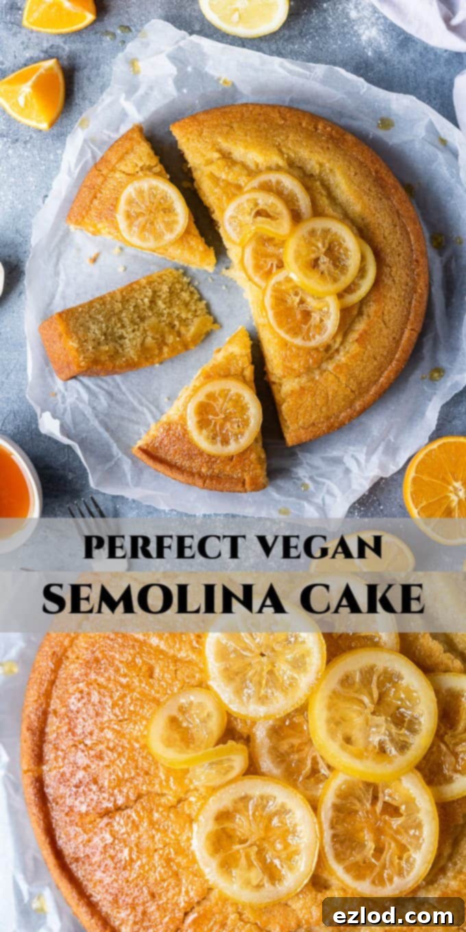 Vegan Semolina Cake Pinterest Image Pinterest graphic featuring a whole vegan semolina cake and individual slices with candied lemon, optimized for social sharing