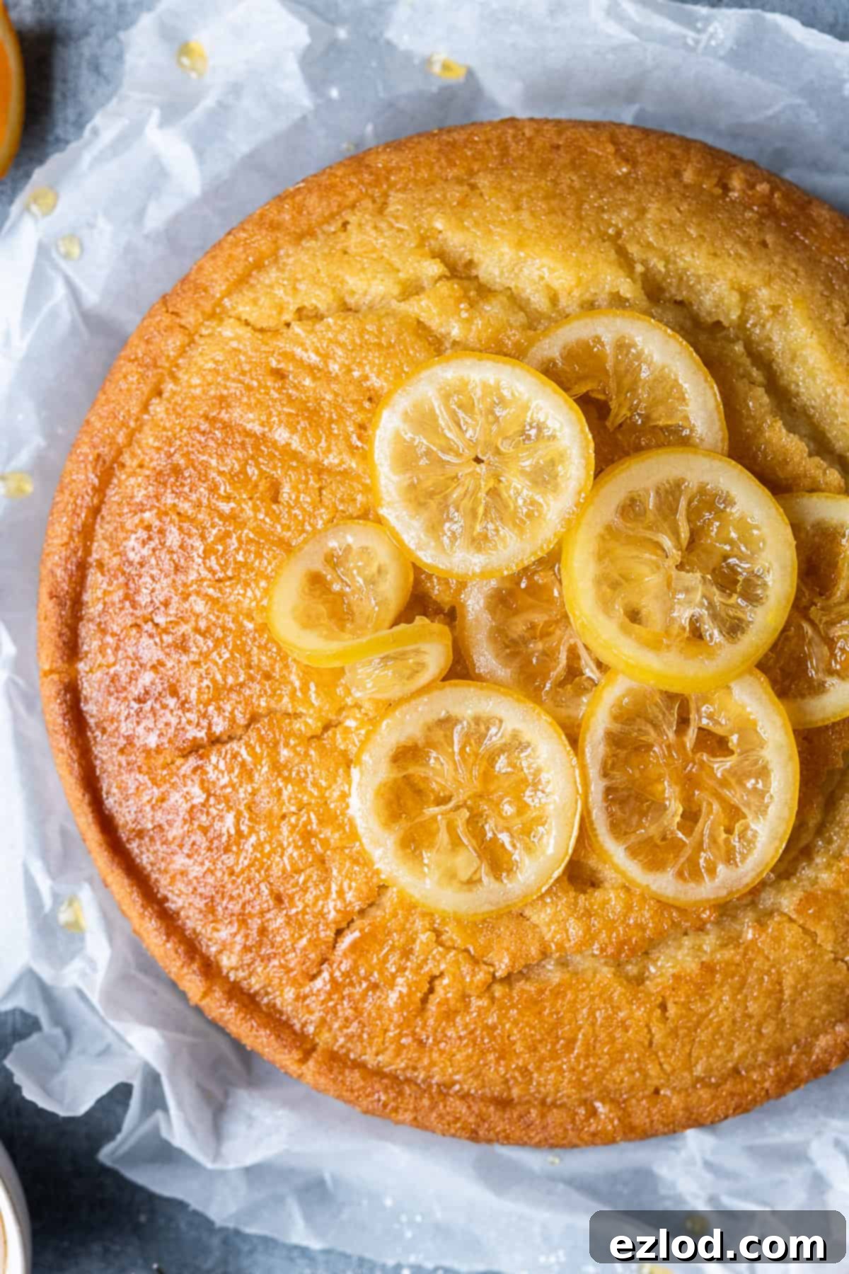 Vegan Semolina Cake topped with Candied Lemon Slices Close-up of a perfectly baked vegan semolina cake, beautifully garnished with delicate candied lemon slices on top