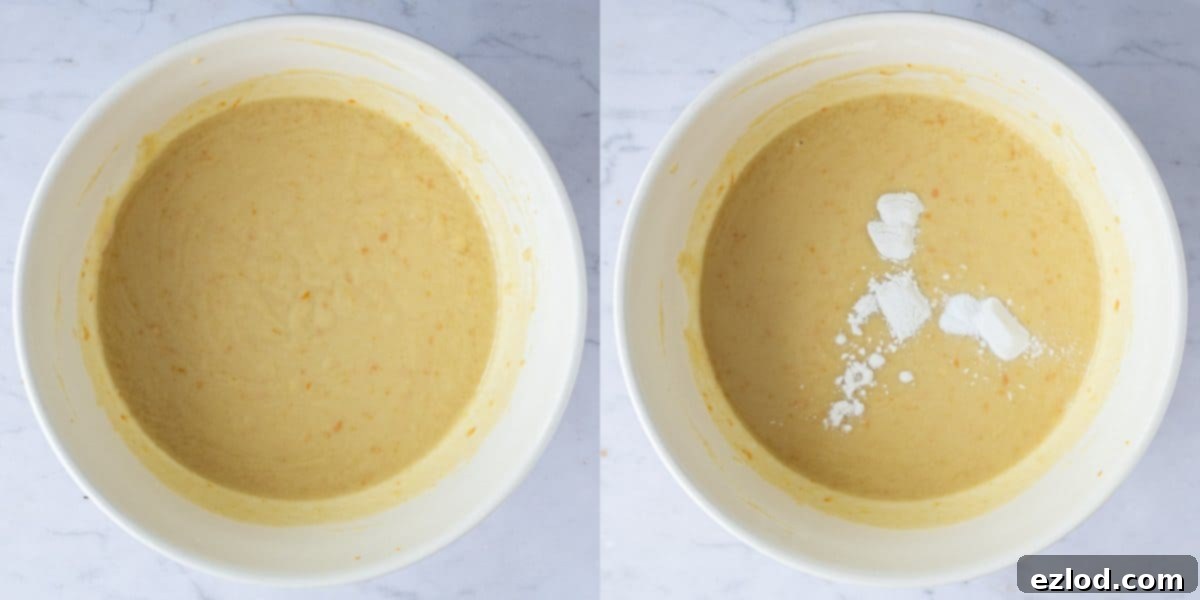 Plant-Based Semolina Delight 3 Step-by-step image showing baking powder and bicarbonate of soda being added to the soaked vegan semolina cake batter