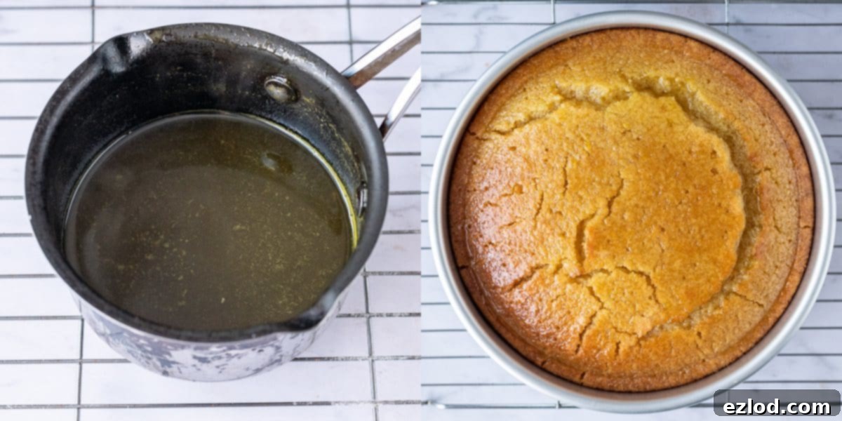 Plant-Based Semolina Delight 5 Step-by-step image showing warm citrus syrup being drizzled over a freshly baked vegan semolina cake