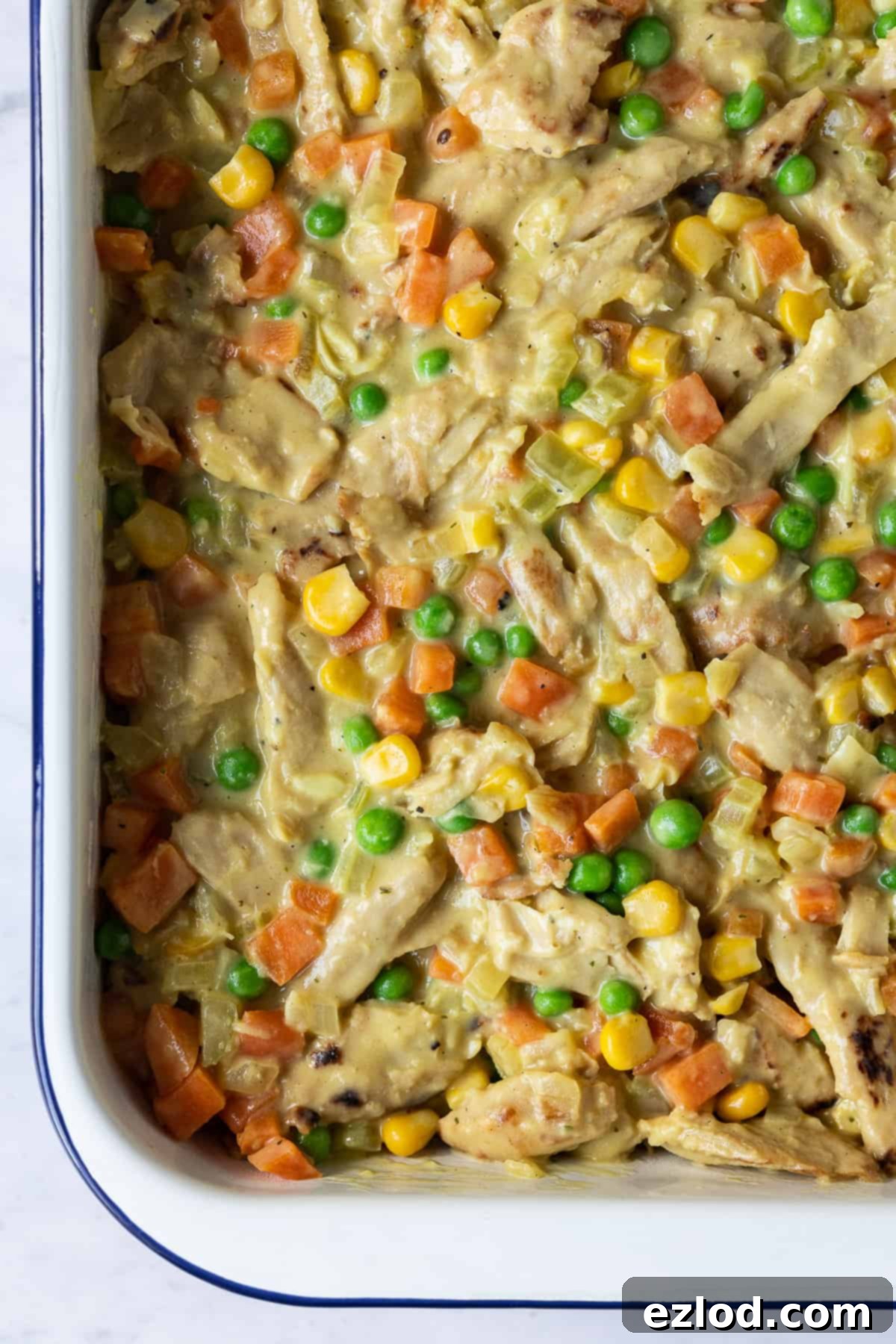 The delicious, creamy vegan chicken and vegetable filling for the potato pie, packed with flavour and ready for its potato topping. Close-up of the rich and creamy vegan chicken and vegetable filling before it's topped with mashed potatoes.