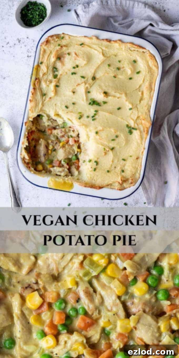 Vegan chicken potato pie - hearty, plant-based comfort food, perfect for family dinners. Pin this delicious vegan recipe! Pinterest image of the vegan chicken potato pie, ideal for pinning and sharing on social media platforms.