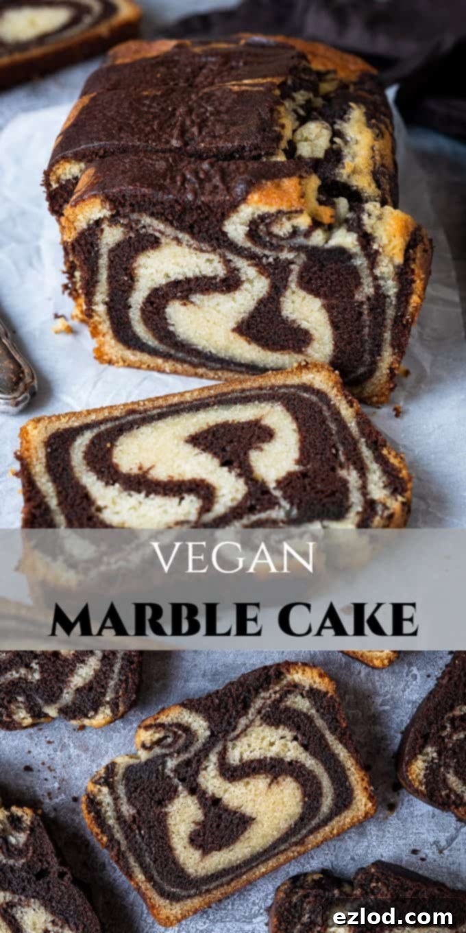 Vegan marble cake - this vegan chocolate and vanilla pound cake is moist, soft and very moreish! It makes a great snack or indulgent breakfast and just look at those swirls! Eggless and dairy-free. #vegancake #veganbaking #loafcake #eggless A beautifully presented Pinterest image of a slice of vegan marble cake, perfect for sharing.