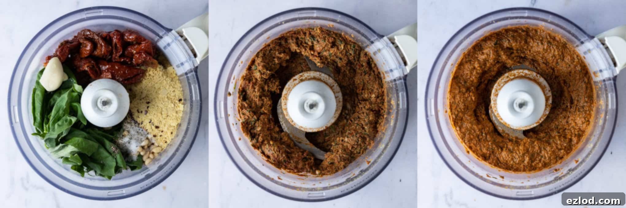 Vibrant Vegan Sun-Dried Tomato Pesto 2 A step-by-step photographic collage showcasing the process of making vegan sun-dried tomato pesto, from initial ingredients in a food processor to the final smooth pesto consistency.