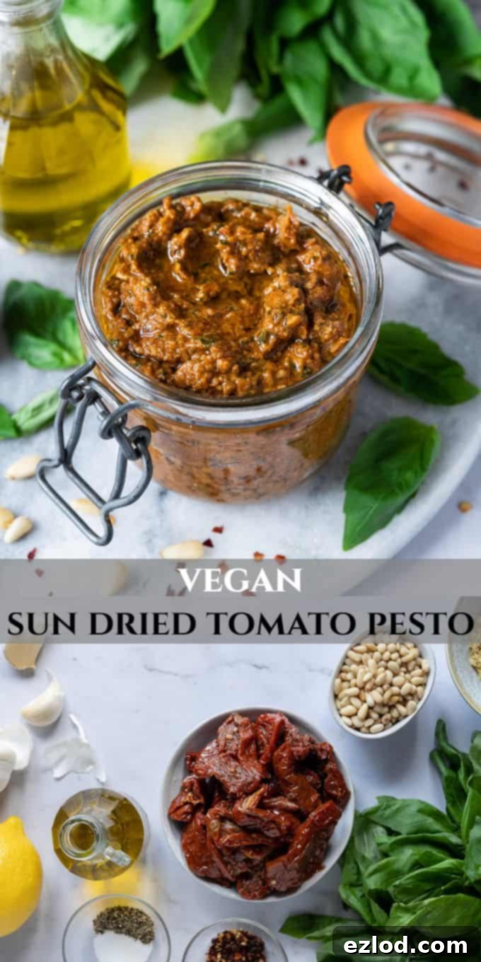 Vegan Sun-Dried Tomato Pesto Pinterest Image - Easy Homemade Dairy-Free Pesto Rosso Recipe Ideas for Pasta, Sandwiches, and Dips. #veganpesto #dairyfree #plantbased A Pinterest-optimized vertical image featuring a jar of vegan sun-dried tomato pesto with fresh basil and olive oil, overlaid with text promoting the easy and versatile recipe.