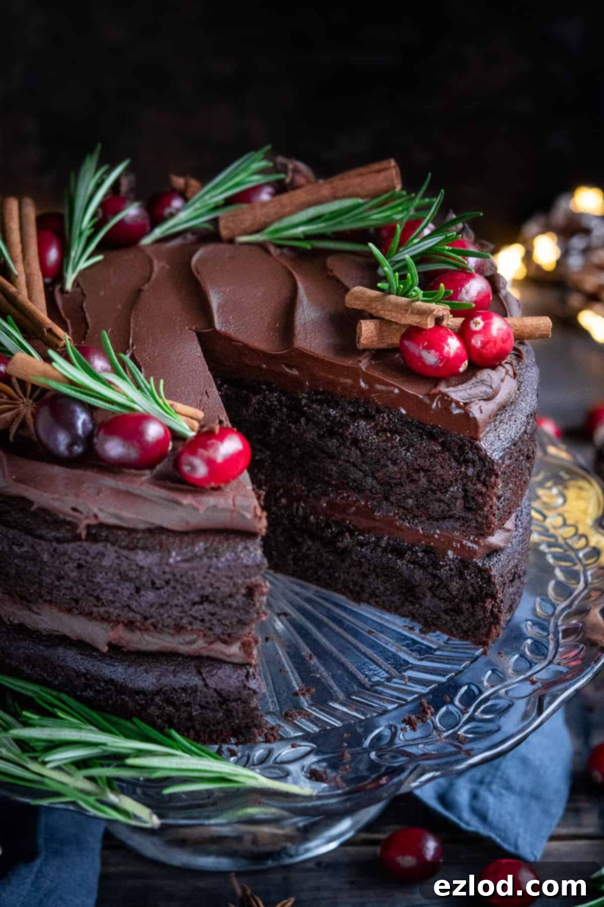 Sliced Vegan Mulled Wine Chocolate Cake Close up of vegan mulled wine chocolate cake with a slice removed.