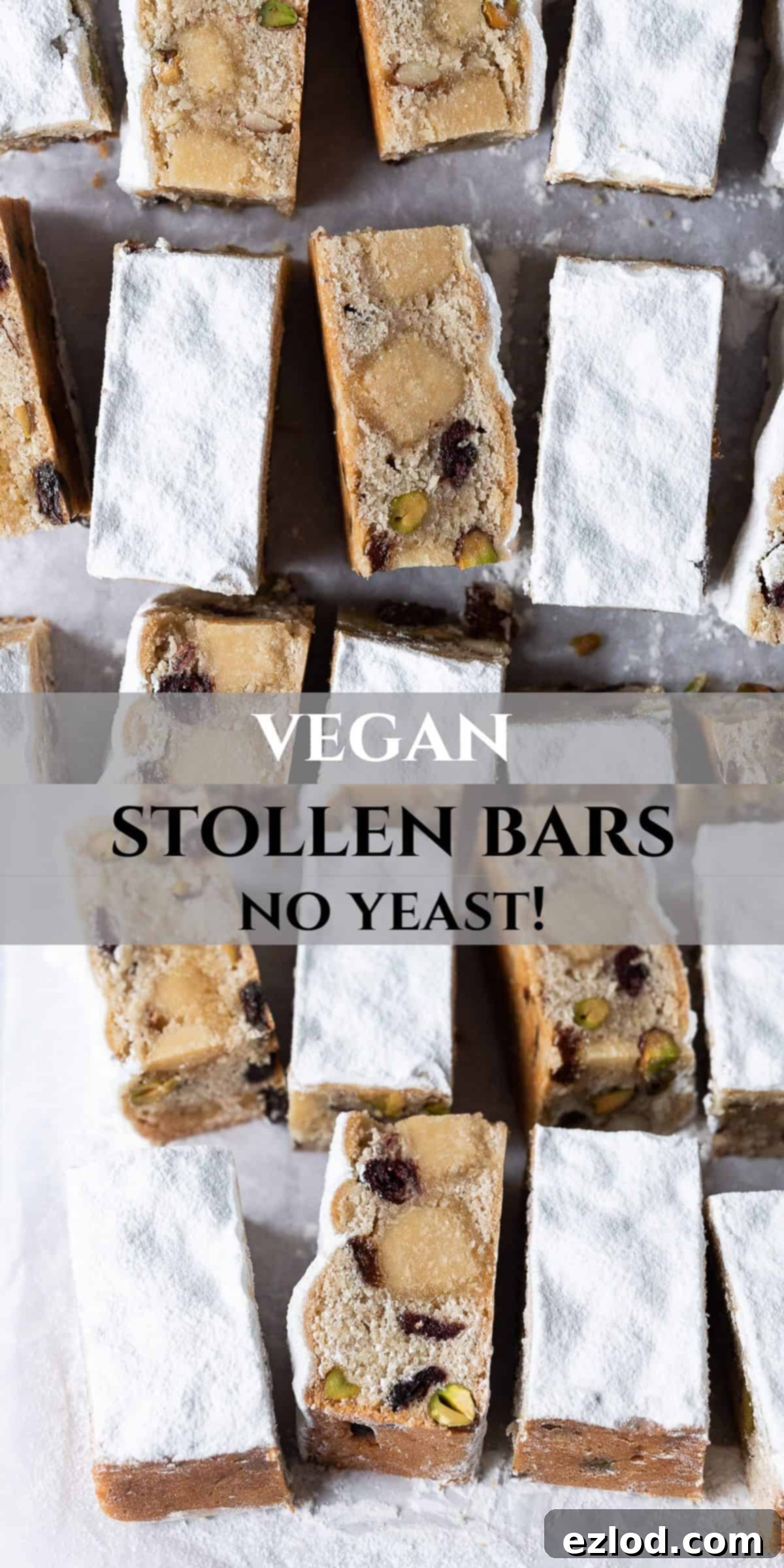 Pin this recipe for delicious Vegan Stollen Bars! Pinterest collage image for Easy Vegan Stollen Bars.
