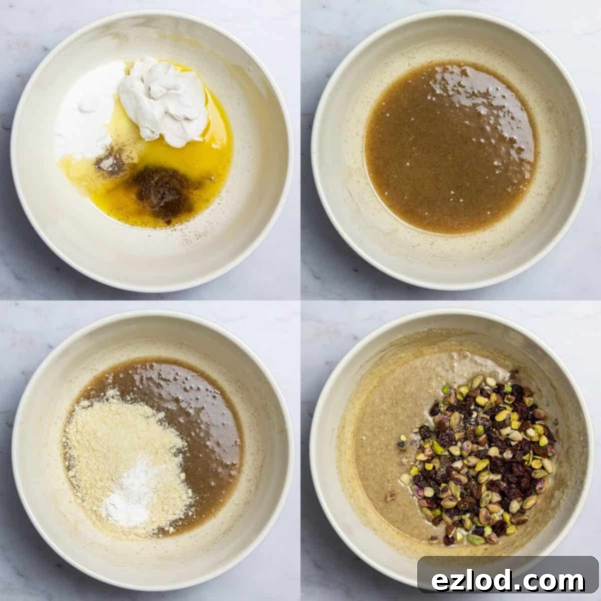 Vegan Stollen Holiday Bars 2 Step-by-step collage showing whisking wet ingredients, adding ground almonds, and incorporating fruit and nuts for vegan stollen bars.